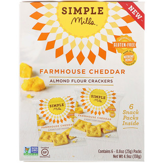 Simple Mills, Натуральные безглютеновые крекеры с миндальной мукой, фермерский чеддер, 6 упаковок, по 0,8 унции (23 г) каждая