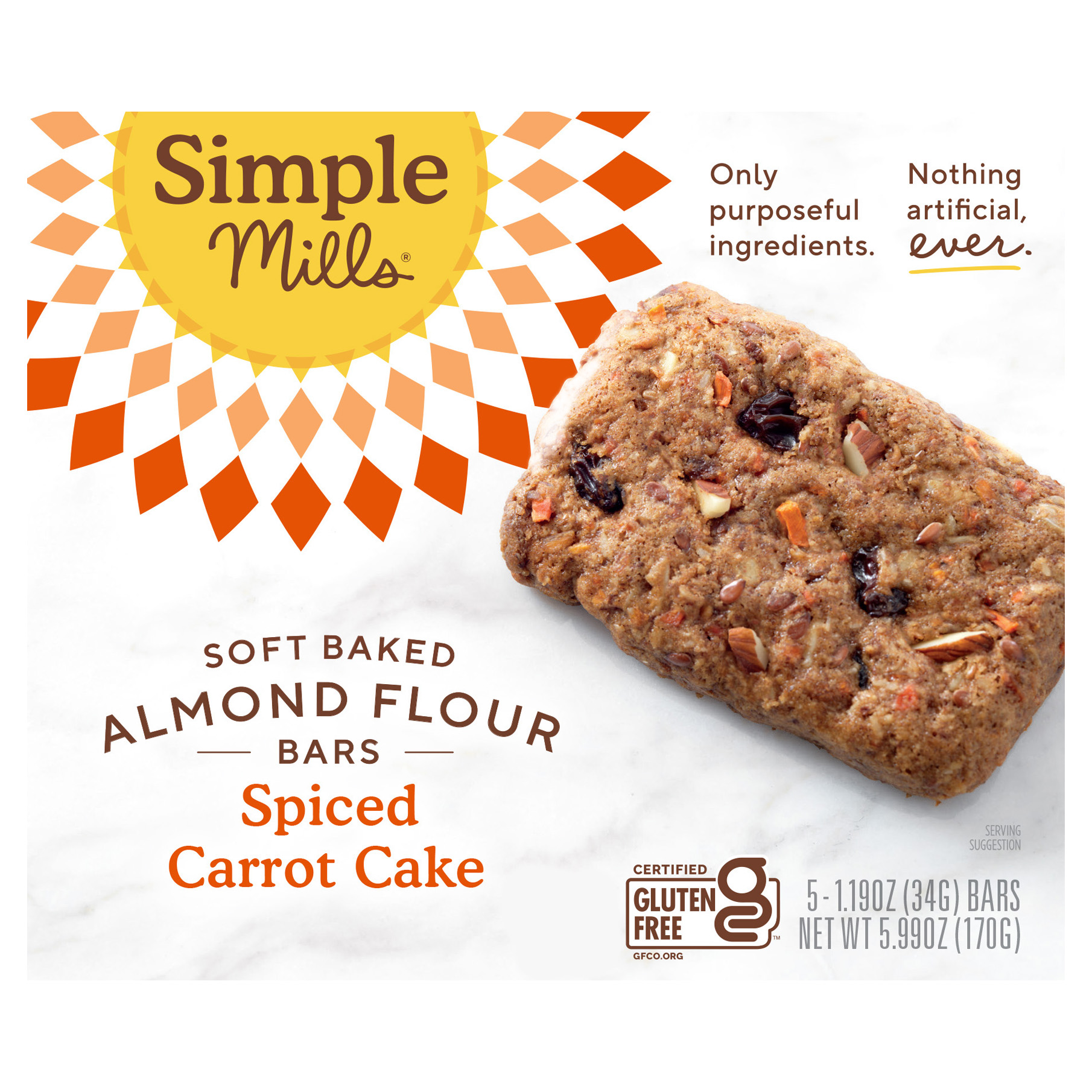 Simple Mills, Soft Baked Almond Flour Bars, Spiced Carrot Cake, 5 Bars