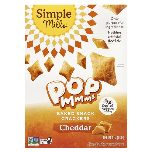 Simple Mills, Pop Mmms™, Baked Snack Crackers, Cheddar, 4 oz (113 g)