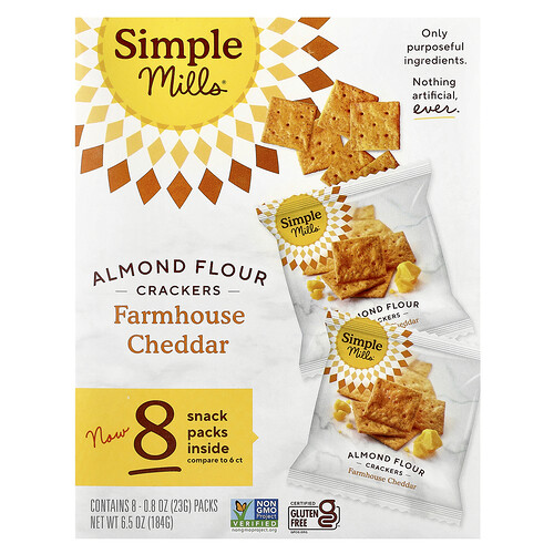 Simple Mills, Almond Flour Crackers, Farmhouse Cheddar, 8 Packs, 0.8 oz (23 g) Each