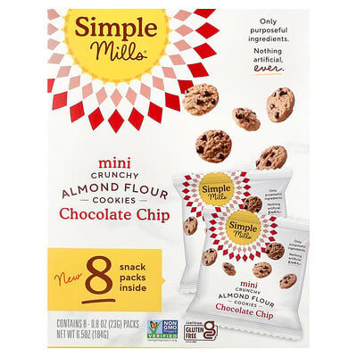 Simple Mills, Mini Crunchy Almond Flour Cookies, Chocolate Chip, 8 Packs, 0.8 oz (23 g) Each