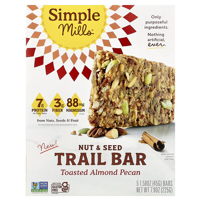 Simple Mills, Barrita de frutos secos y semillas, Almendras y pacanas tostadas, 5 barritas, 45 g (1,58 oz) cada una