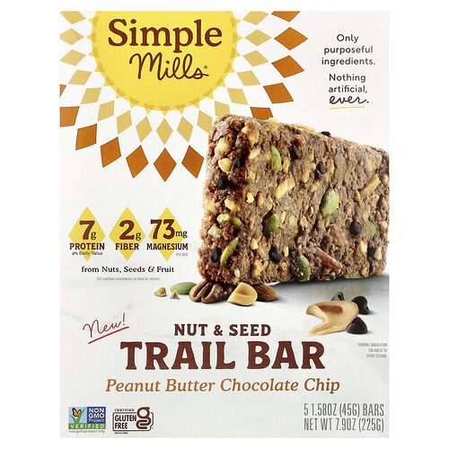 Simple Mills Nut & Seed Trail Bar, Peanut Butter Chocolate Chip, 5 Bars, 1.58 oz (45 g) Each