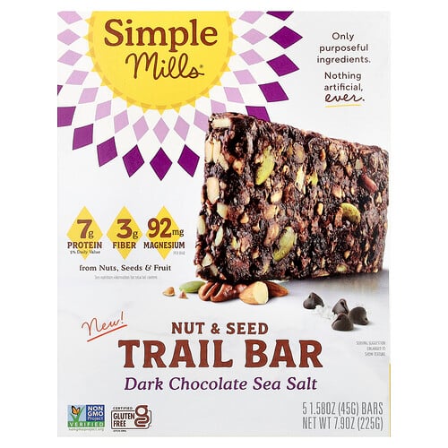 Simple Mills Nut & Seed Trail Bar, Dark Chocolate Sea Salt, 5 Bars, 1.58 oz (45 g) Each