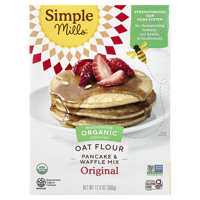 Simple Mills, Harina de avena orgánica, Mezcla para panqueques y waffles, Original, 366 g (12,9 oz)