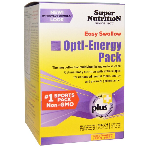 Super Nutrition, Opti-Energie Pack, Multivitamin/Multimineralien Nahrungsergänzung, Ohne Eisen, 90 Päckchen mit je 4 Tabletten