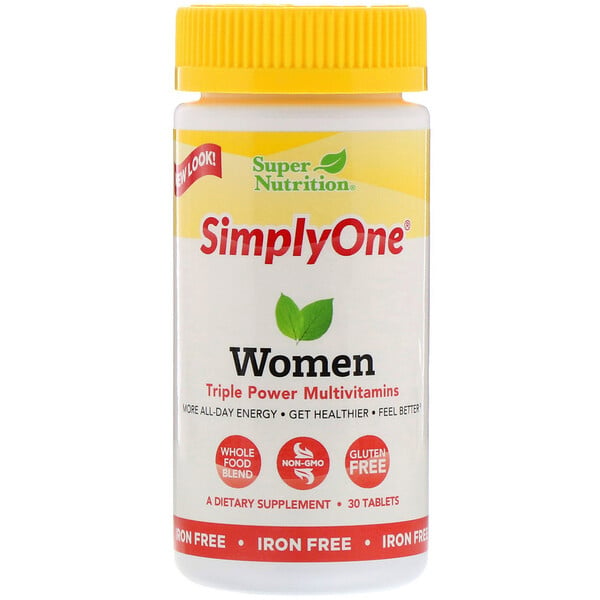 Super Nutrition, SimplyOne, Multivitamínico de Potência Tripla para Mulheres, Sem Ferro, 30 Comprimidos