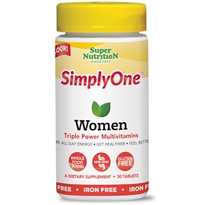 Super Nutrition, SimplyOne, Women, Triple Power Multivitamins, Iron Free, 30 Tablets