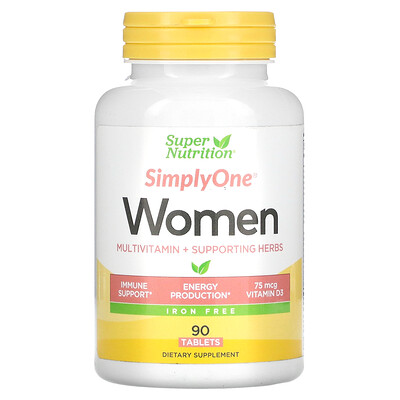 Super Nutrition SimplyOne мультивитамины и полезные травы для женщин без железа 90 таблеток