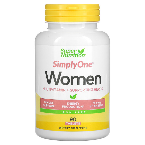 Super Nutrition, SimplyOne, 여성용, 종합비타민 + 건강 증진 허브, 철분 무함유, 90정