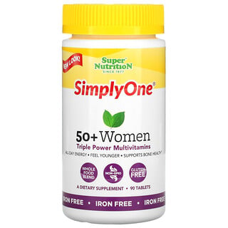 Super Nutrition, SimplyOne（シンプリーワン）、50歳からの女性用トリプルパワーマルチビタミン、鉄分不使用、タブレット90粒