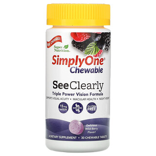 Super Nutrition, SimplyOne, See Clearly, Fórmula de triple acción para la vista, Sabor a bayas silvestres, 30 comprimidos masticables