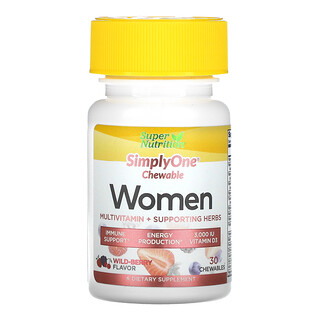 Super Nutrition, SimplyOne，女性，多维生素 + 幫助草本，野生浆果味，30 片咀嚼片