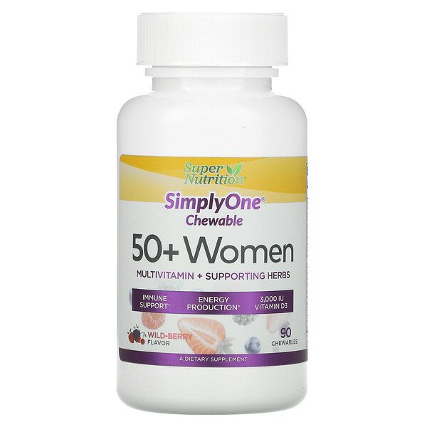 Super Nutrition‏, SimplyOne‏, מולטי-ויטמין ועשבי תיבול תומכים לנשים בנות 50 ומעלה, בטעם פירות יער, 90 טבליות לעיסות