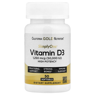 California Gold Nutrition, SimplyOne®, Vitamina D3, 1250 mcg (50.000 UI), 50 cápsulas blandas