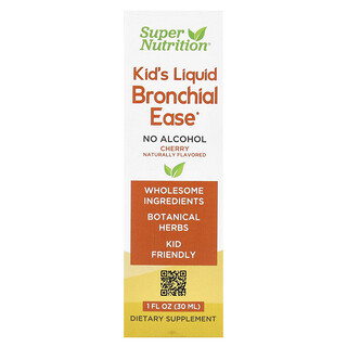 Super Nutrition, Kid's Liquid Bronchial Ease med libbstickerot, färskt yerba jultomteblad, lakritsrot och mulleinblad, alkoholfritt, körsbär, 1 fl oz (30 ml)