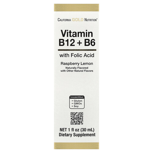 California Gold Nutrition Vitamin B12 as Cyanocobalamin with Vitamin B6 and Folic Acid, Raspberry Lemon, 1 fl oz (30 ml)