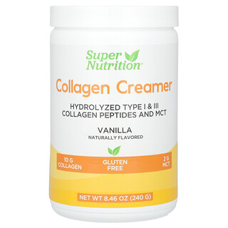 Super Nutrition, Sustituto de crema de colágeno con colágeno hidrolizado de tipo 1 y 3, calcio, proteína y hierro, Vainilla, 240 g (8,46 oz)