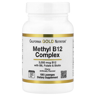 California Gold Nutrition, Complejo de metil B12 con folato, biotina y vitamina B6, Cereza, 100 pastillas