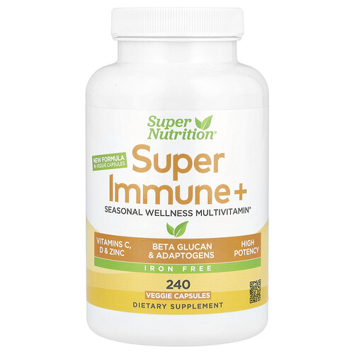 Super Nutrition Super Immune+ Multivitamin with Vitamin C, Vitamin D, and Beta Glucan, Iron Free, 240 Veggie Capsules