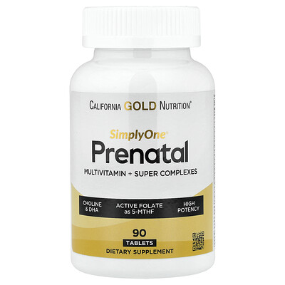 California Gold Nutrition, SimplyOne®, Suplemento multivitamínico prenatal con supercomplejos de verduras de hoja, especias, vitamina A y folato, 90 comprimidos