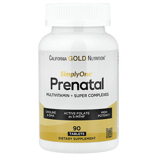California Gold Nutrition, SimplyOne®, Suplemento multivitamínico prenatal con supercomplejos de verduras de hoja, especias, vitamina A y folato, 90 comprimidos