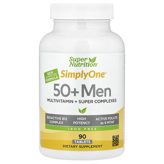Super Nutrition, SimplyOne, Suplemento multivitamínico más supercomplejos, verduras de hoja, especias y antioxidantes para hombres mayores de 50 años, Sin hierro, 90 comprimidos