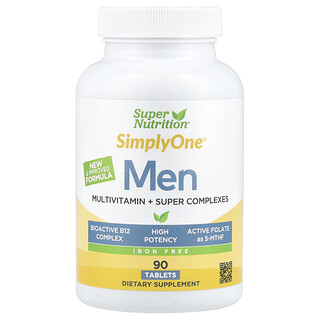 Super Nutrition, SimplyOne®, multivitamin til mænd med superadaptogenkompleks, grøntsager, krydderier, antioxidant og C-vitamin, jernfri, 90 tabletter