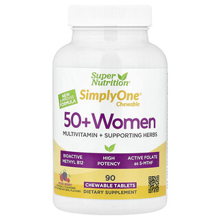 Super Nutrition, SimplyOne®, Suplemento multivitamínico más hierbas de refuerzo para mujeres mayores de 50 años, Bayas mixtas, 90 comprimidos masticables