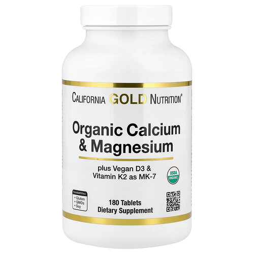 California Gold Nutrition オーガニック カルシウム&マグネシウム プラス D3&K2 タブレット180粒