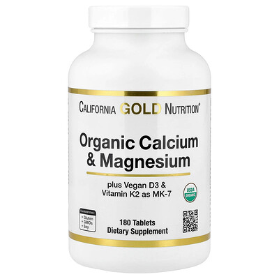 California Gold Nutrition, Calcio y magnesio orgánicos con vitamina D3 y vitamina K2, 180 comprimidos