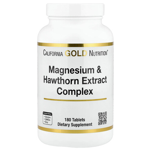 California Gold Nutrition マグネシウム & ホーソーン エキス コンプレックス タウリン、コレウス フォルスコリ エキス、ホップス配合 タブレット180粒