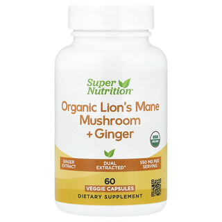 Super Nutrition, Organik Aslan Yelesi Mantar + Zencefil, 60 Sebze Kapsülü