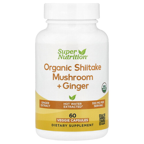 Super Nutrition Organic Shiitake Mushroom + Ginger with Organic Pullulan, and Organic Rice Hull Concentrate, 60 Veggie Capsules
