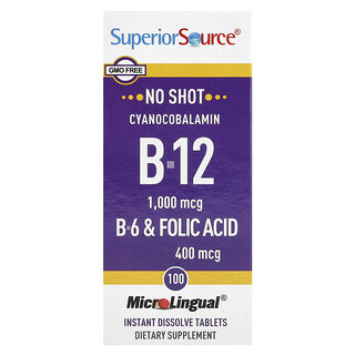 Superior Source, cyjanokobalamina B12, B6 i kwas foliowy, 100 tabletek rozpuszczających się natychmiast MicroLingual®
