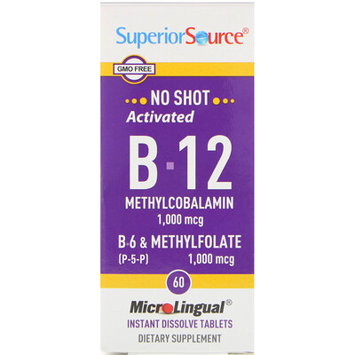 Superior Source Activated B-12 Methylcobalamin, B-6 (P-5-P) & Methylfolate, 1,000 mcg/1,000 mcg, 60 Tablets