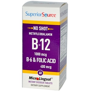 Superior Source, Метилкобаламин B-12 1000 мкг, B-6 и фолиевая кислота 400 мкг, MicroLingual, 60 таблеток