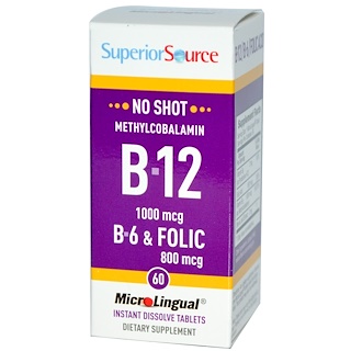 Superior Source, Methylcobalamin B-12, 1000 mcg, B-6 & Folic Acid 800 mcg, 60 MicroLingual Instant Dissolve Tablets