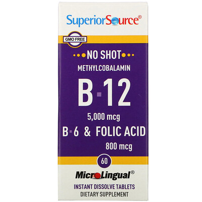 Superior Source Метилкобаламин B12, 5000 мкг, B-6 и фолиевая кислота 800 мкг, 60 таблеток МикроЛингвал