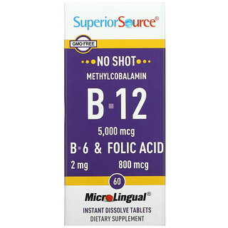 Superior Source, 飲むだけ、メチルコバラミンB-12、B-6および葉酸、5,000mcg／800mcg、マイクロリンガル即溶性タブレット60粒