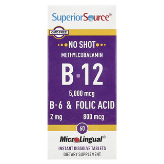 Superior Source, Metilcobalamina B12, vitamina B6 y ácido fólico, 60 comprimidos de disolución instantánea MicroLingual®