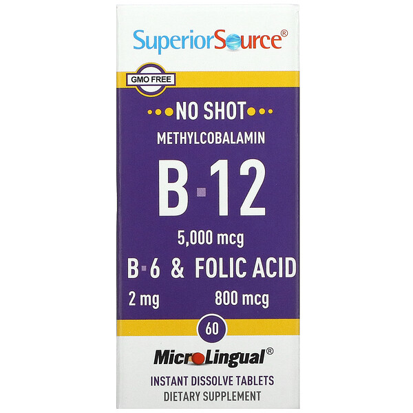 Superior Source, метилкобаламин (витамин B-12), витамин B-6 и фолиевая кислота, 60 быстрорастворимых таблеток MicroLingual