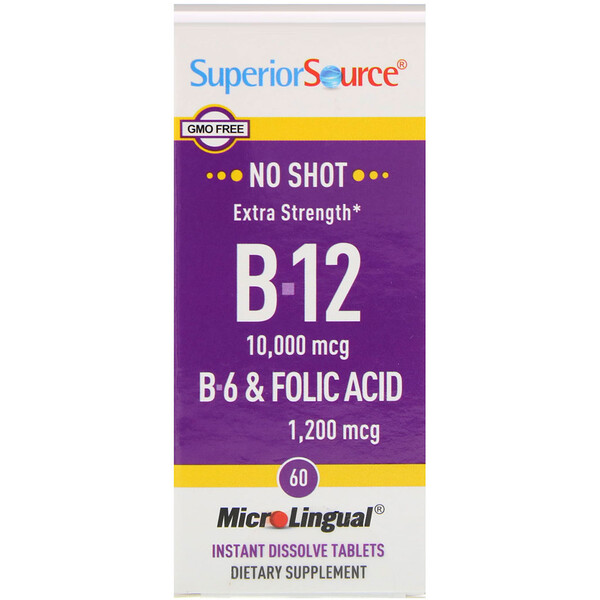 Superior Source, B-12, B-6 und Folsäure, extra stark, 10.000 mcg / 1.200 mcg, 60 MicroLingual sofort auflösende Tabletten