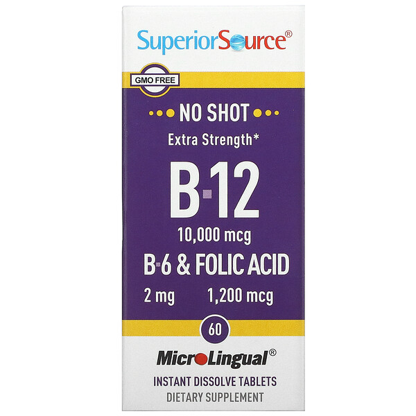 Superior Source, витамин B12,витамин B6 и фолиевая кислота с повышенной силой действия, 60 быстрорастворимых таблеток MicroLingual
