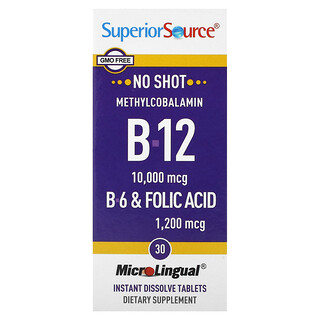 Superior Source, Metilcobalamina B12, vitamina B6 y ácido fólico, 30 comprimidos de disolución instantánea MicroLingual