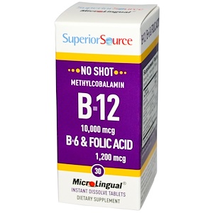 Superior Source, B-12 10000 мкг / B-6 и фолиевая кислота 1200 мкг, 30 микролингвальных быстрорастворимых таблеток