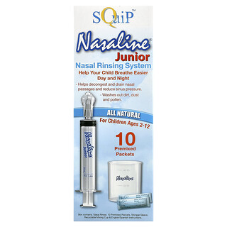 Squip, Nasaline Junior, Sistema de enjuague nasal, Para niños de 4 a 12 años, Kit de 14 piezas