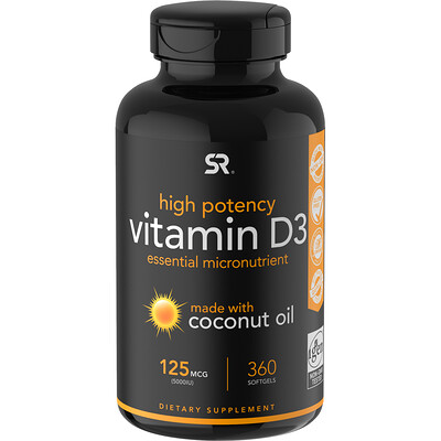 Sports Research Витамин D3 с кокосовым маслом, 125 мкг (5000 МЕ), 360 мягких желатиновых капсул
