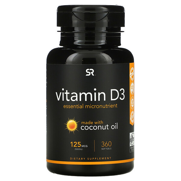 витамин D3 с кокосовым маслом, 125 мкг (5000 МЕ), 360 мягких таблеток
