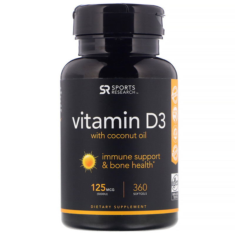 Sports Research, Vitamin D3 with Coconut Oil, 125 mcg (5,000 IU), 360 ...